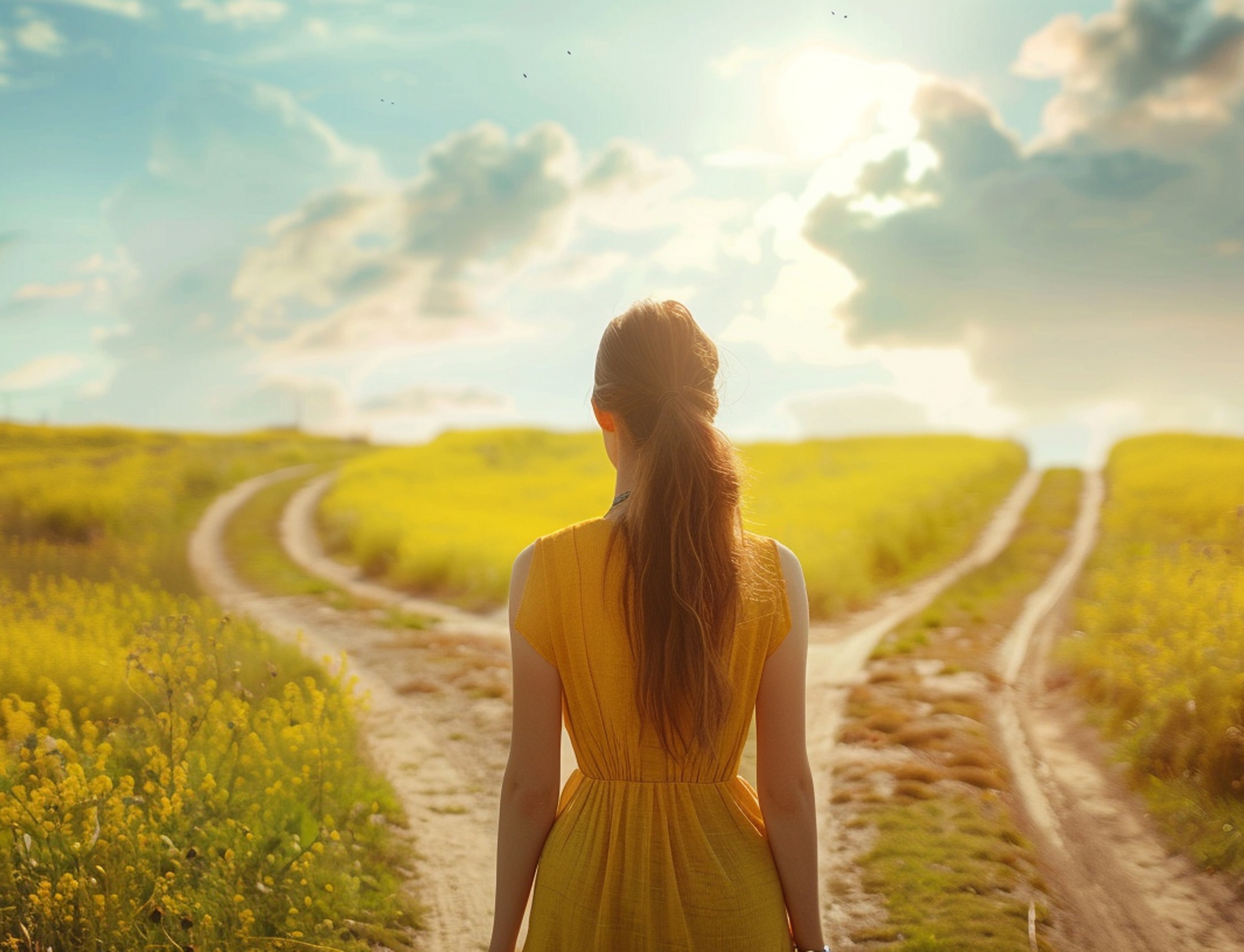 a woman in front of two roads