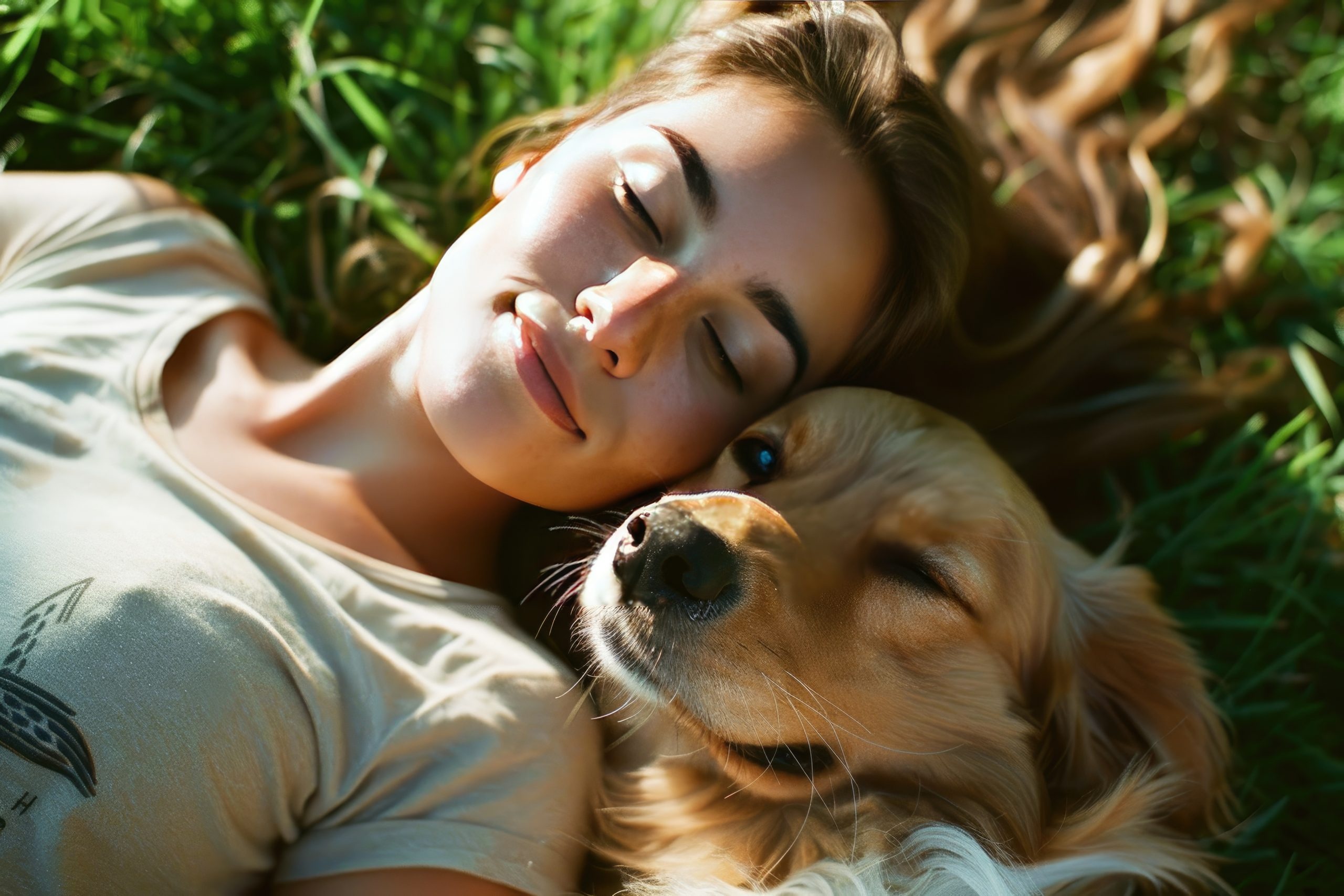 Woman peacefully connecting with her dog in a natural setting, symbolizing animal communication.