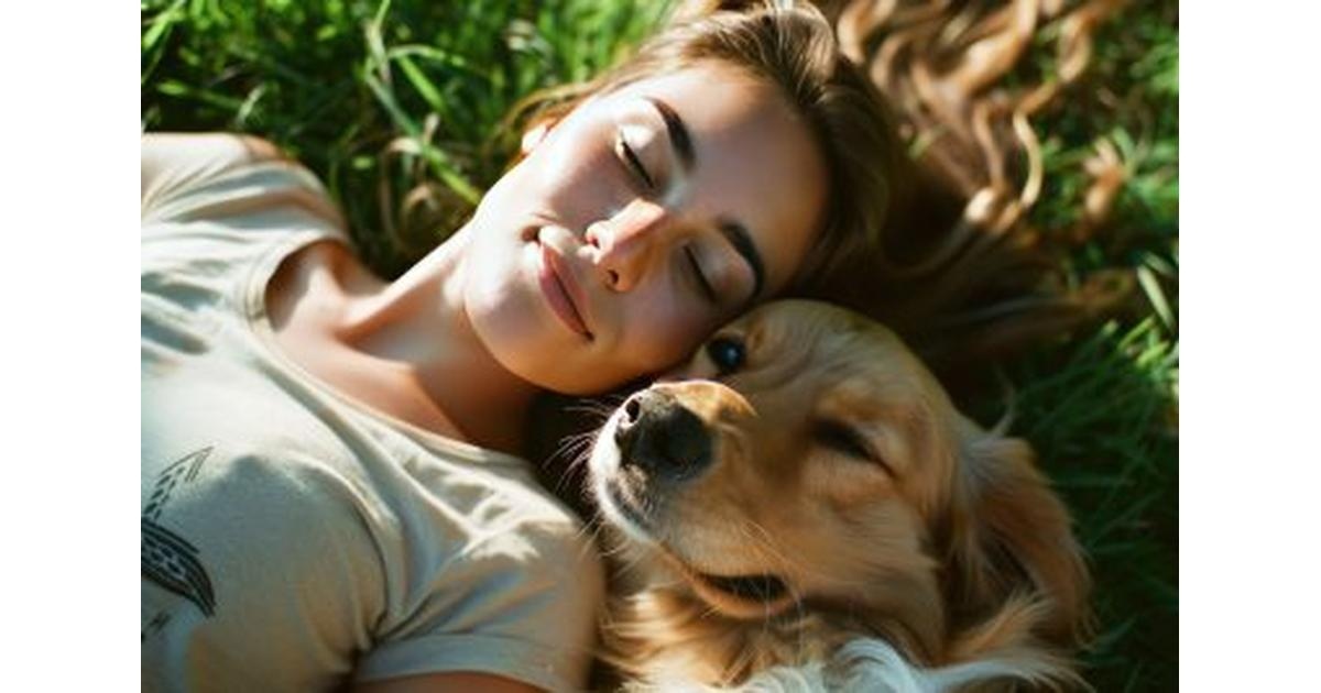 Woman peacefully connecting with her dog in a natural setting, symbolizing animal communication.