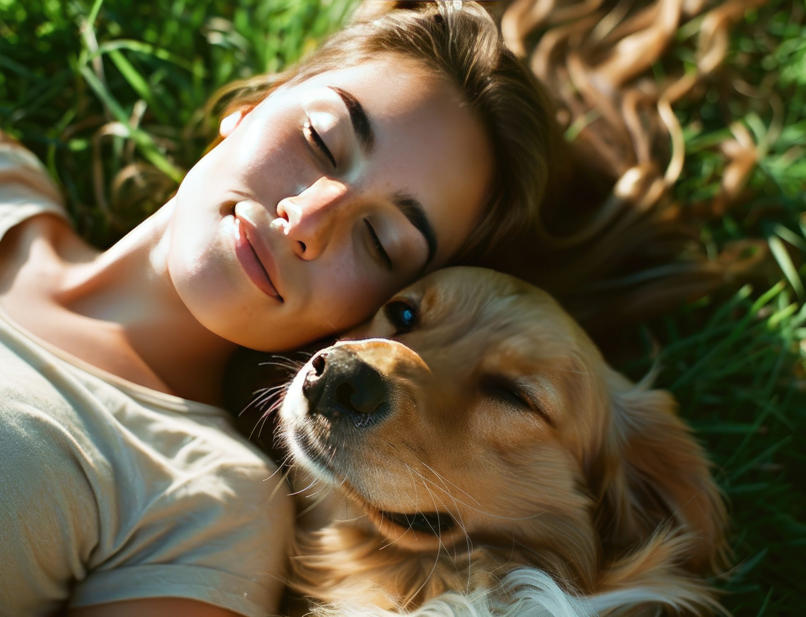 A woman and her golden retriever dog rest peacefully in a grassy field