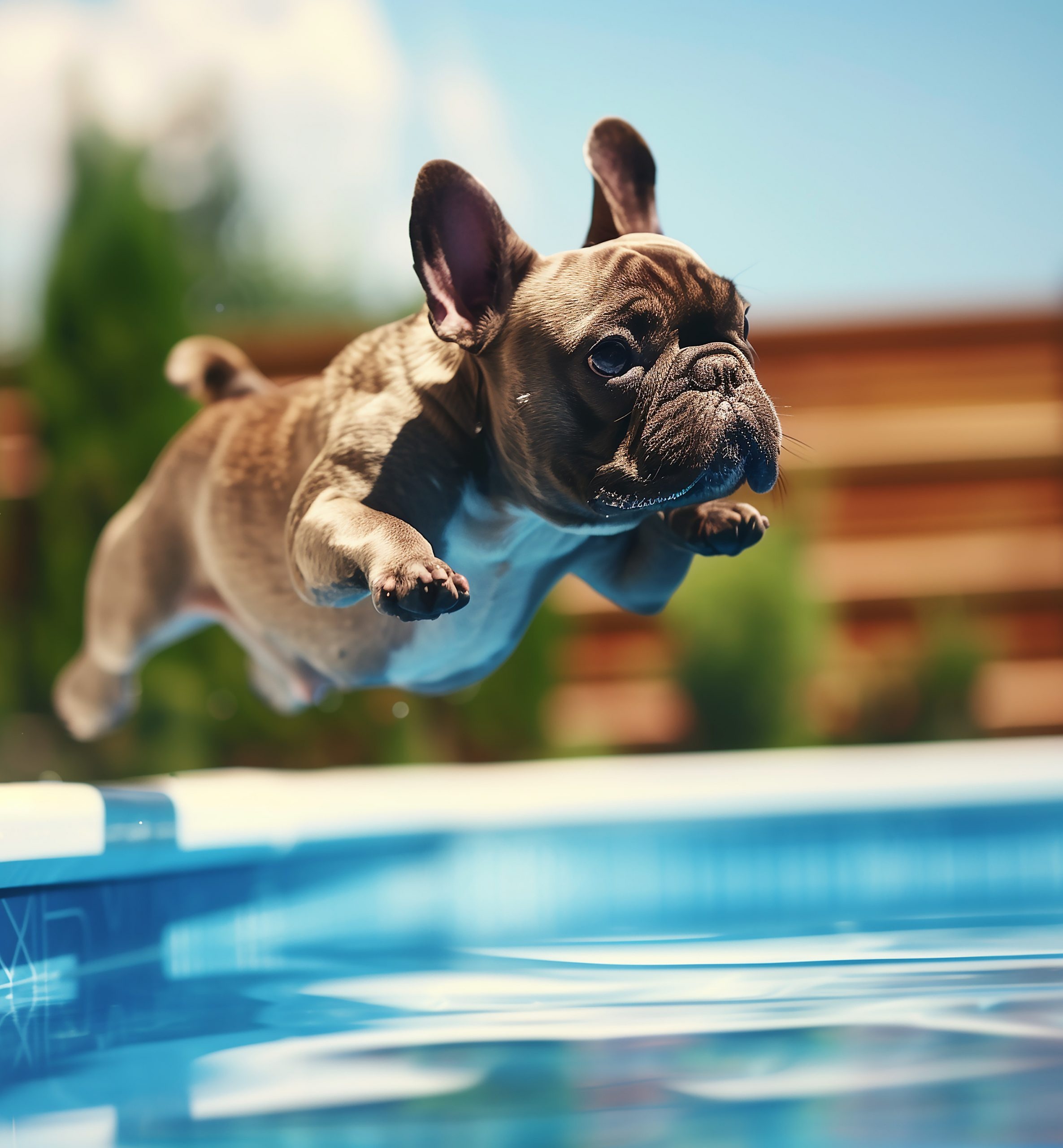 French bulldog diving into the pool