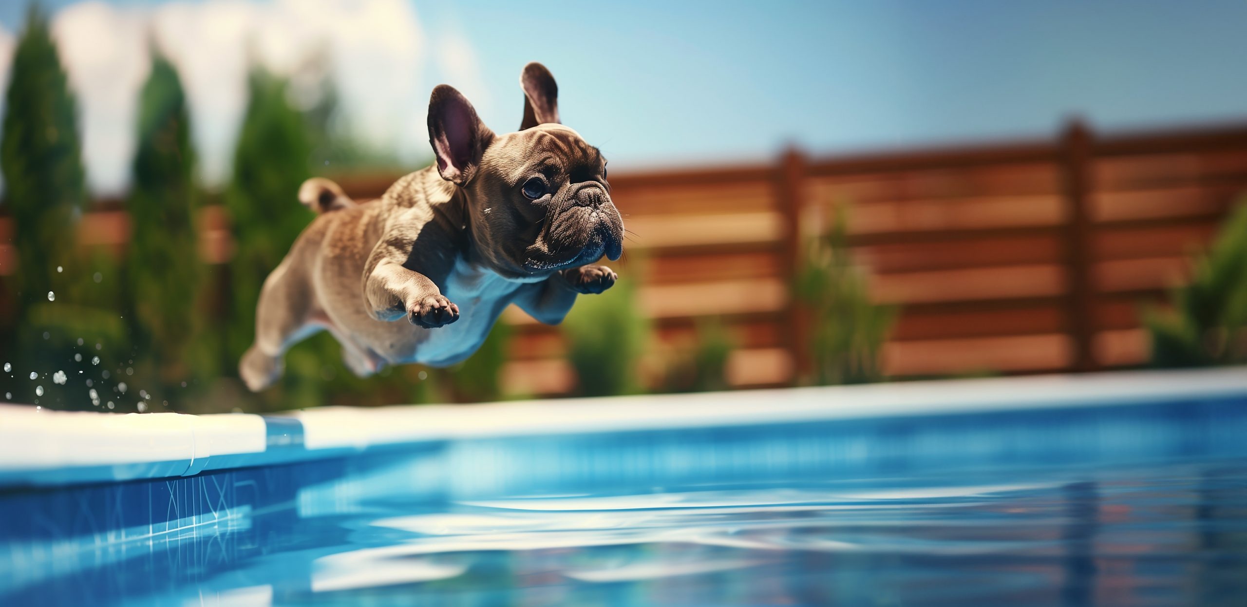 French bulldog diving into the pool