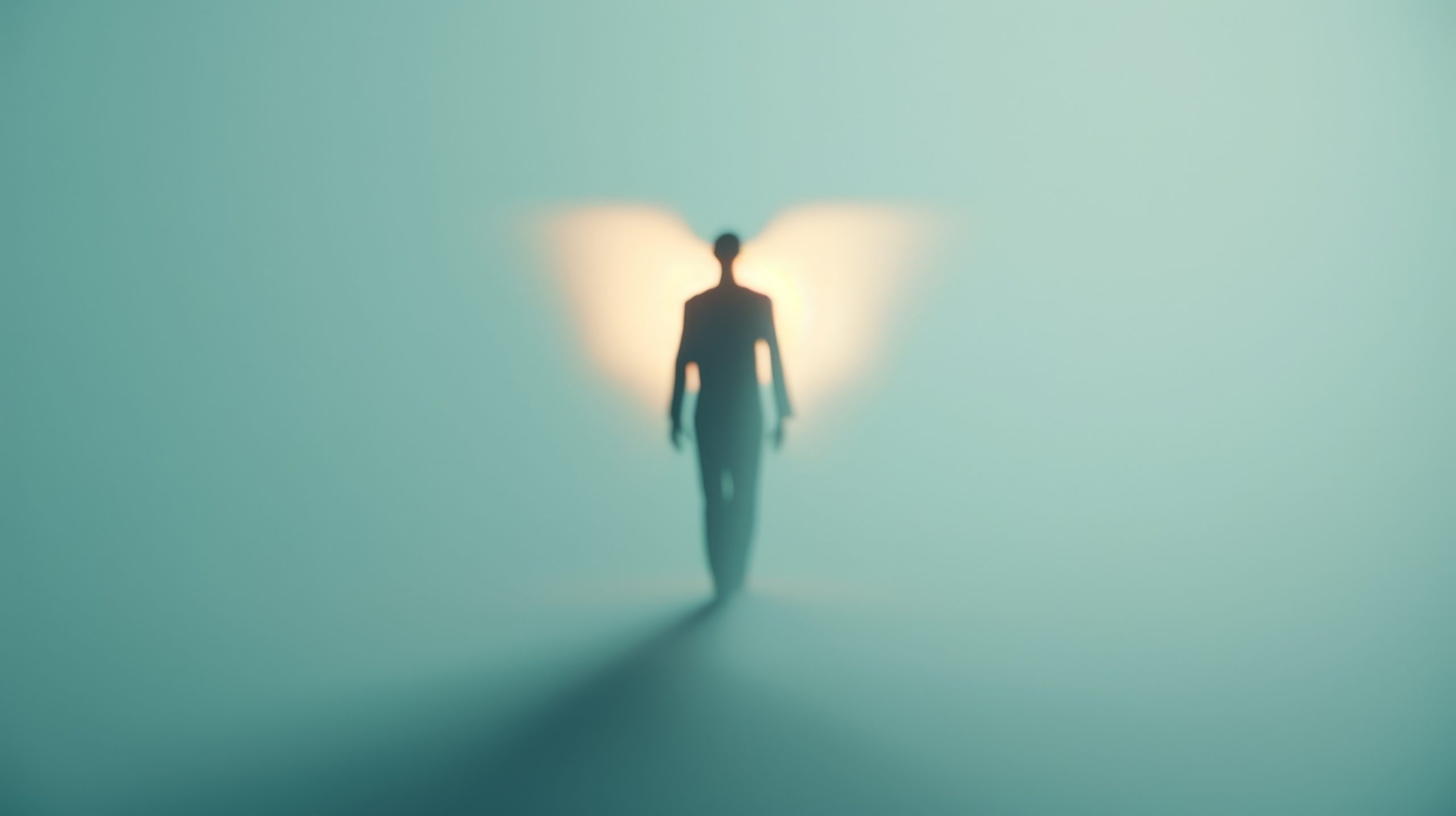 Angelic Guide Leading Human to Glowing Light in Minimalistic Serenity