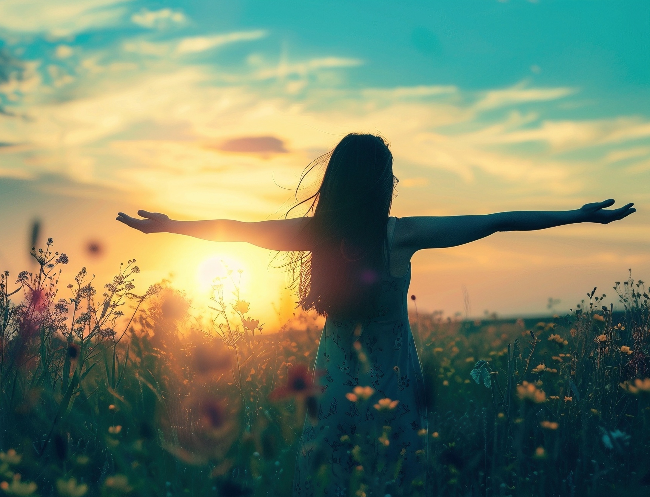 Woman embracing nature at sunset, symbolizing spiritual connection and growth, part of Seeking Center's holistic practices.