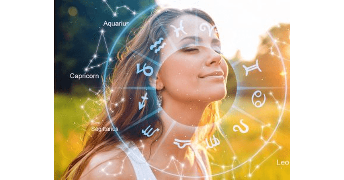 Astrology symbols with a woman looking peaceful under a cosmic zodiac wheel.